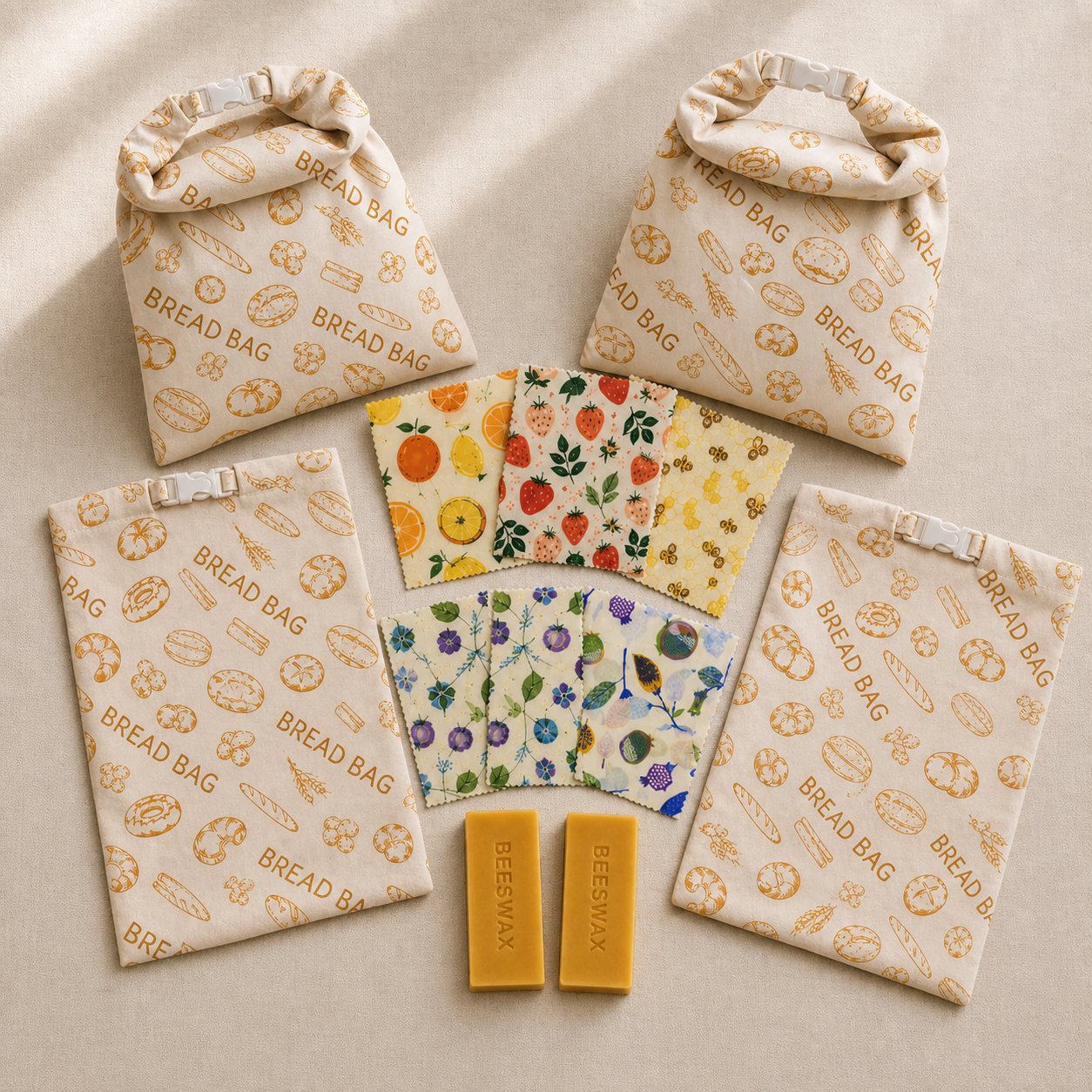 Storfamilie-pakken: 4 Bivoks™ brødposer med BREAD BAG-trykk, 2 bivokspapir-sett og 2 bivoks-blokker