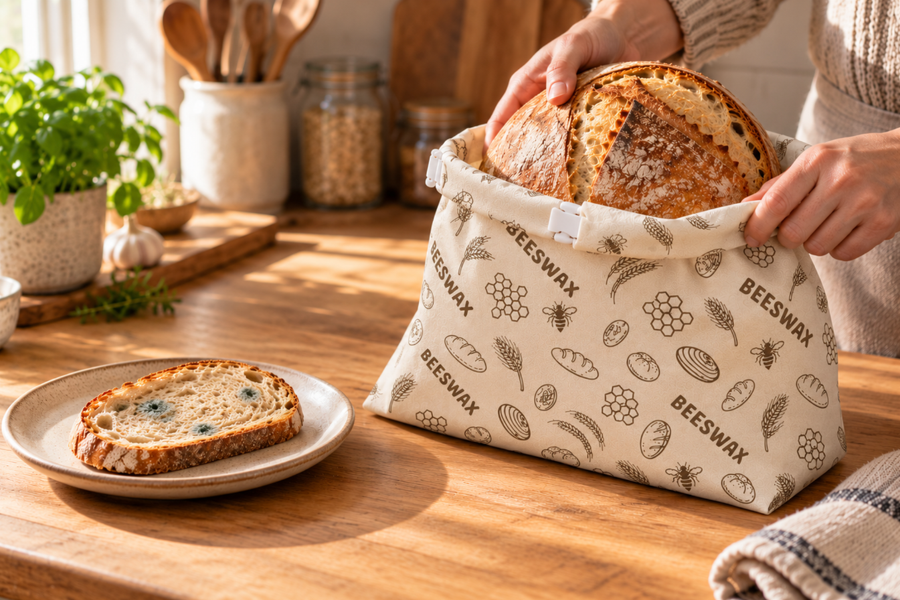 Brødskive med mugg på et fat ved siden av ferskt brød i Bivoks™ brødposen