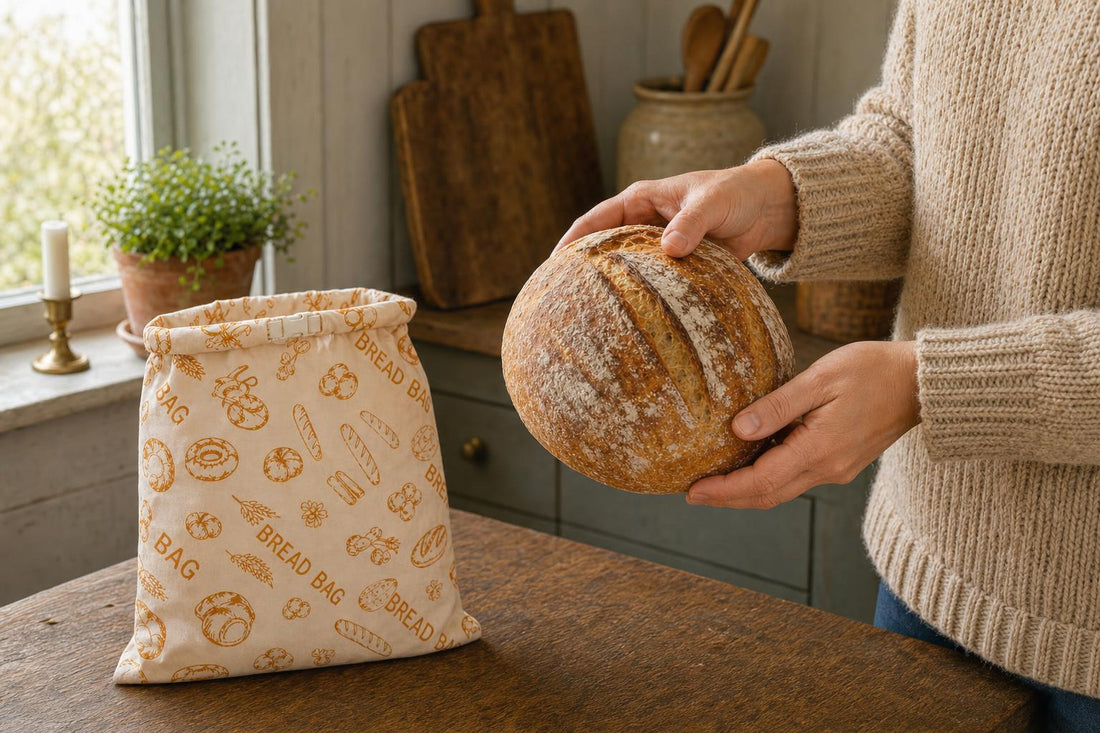 Hender inspiserer et brød i vinduslys, Vokshus brødpose i bakgrunnen