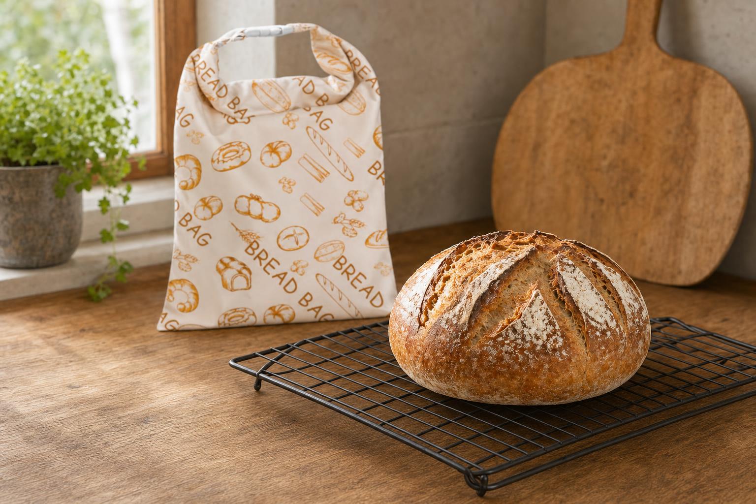 Nystekt snittet sourdough-boule på rist med Vokshus brødpose i bakgrunnen