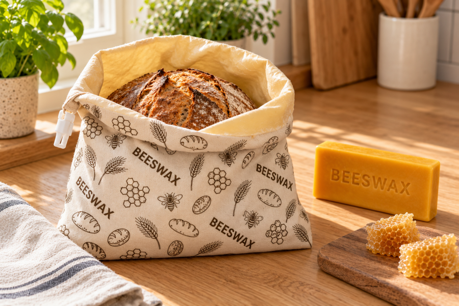 Åpen Bivoks™ brødpose med brød, en bivoksblokk og vokskaker