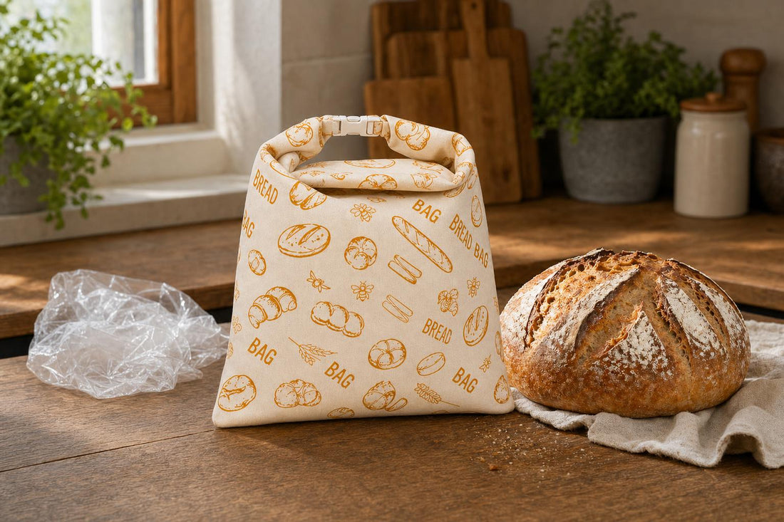Vokshus brødpose med ferskt brød ved siden av en sammenkrøllet plastpose — riktig og feil brødoppbevaring
