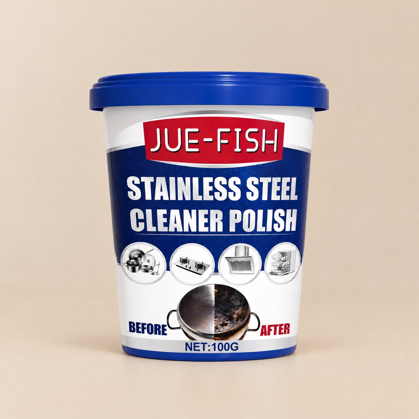 Un pot JUE-FISH portant la mention 100 g avec un couvercle bleu.