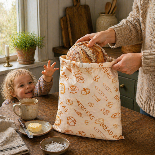 Hendene ruller opp Bivoks™ brødposen med originalt BREAD BAG-trykk