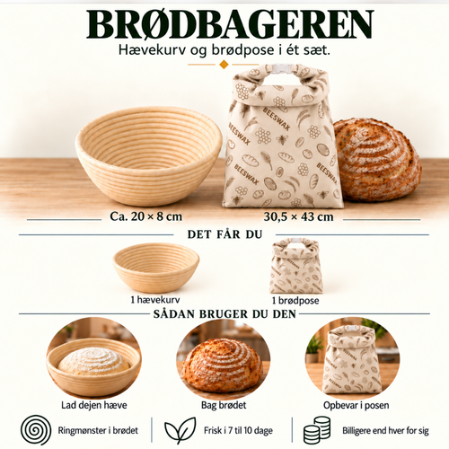 Brødbageren: Hævekurv og brødpose i ét sæt.