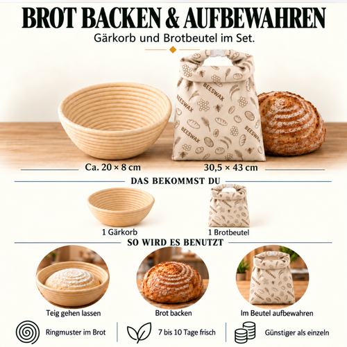 Brot backen & aufbewahren: Gärkorb und Brotbeutel im Set.