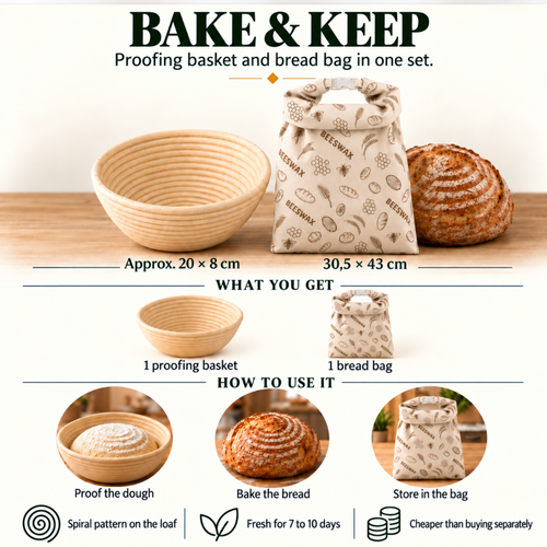 Bake & Keep: Proofing basket and bread bag in one set.
