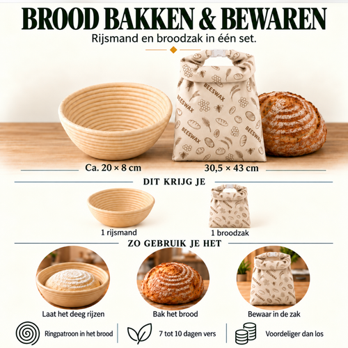 Brood bakken & bewaren: Rijsmand en broodzak in één set.