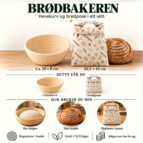 Brødbakeren: hevekurv ca. 20 × 8 cm og brødpose 30,5 × 43 cm i ett sett. Hev deigen, stek brødet, oppbevar i posen.