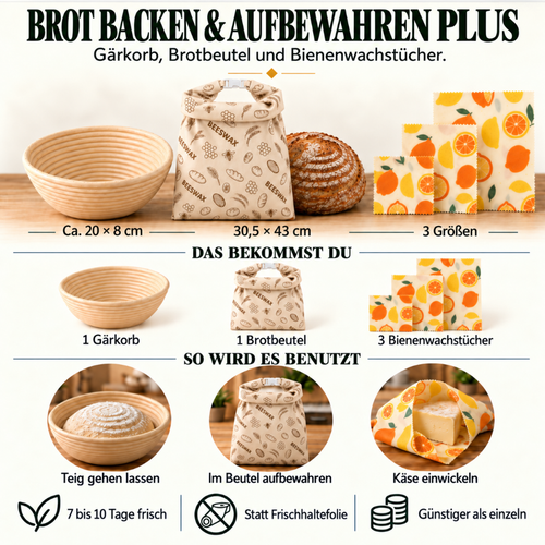 Brot backen & aufbewahren Plus: Gärkorb, Brotbeutel und Bienenwachstücher.