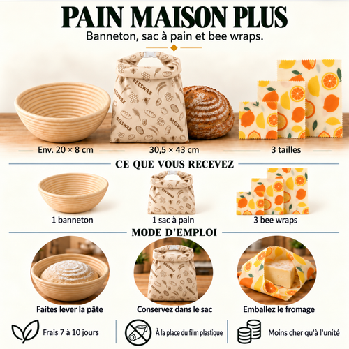 Pain maison Plus: Banneton, sac à pain et bee wraps.