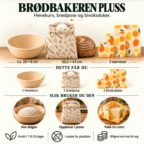 Brødbakeren Pluss: hevekurv, brødpose og 3 bivoksduker i Sitrus-mønster. Hev deigen, oppbevar brødet i posen, pakk inn osten.