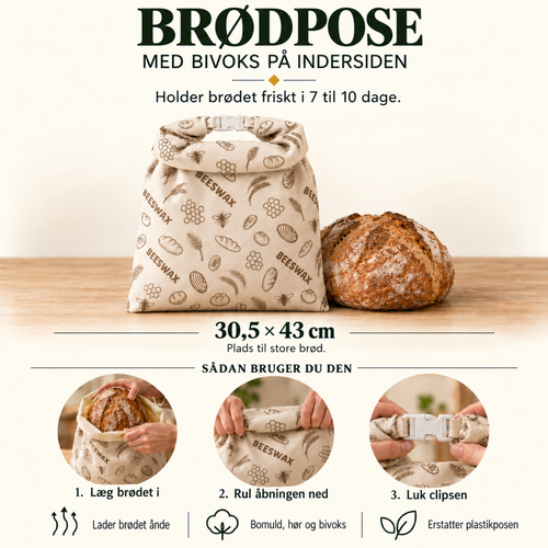 Fakta om brødposen: bivoks på indersiden, 30,5 × 43 cm, holder brødet friskt i 7 til 10 dage.