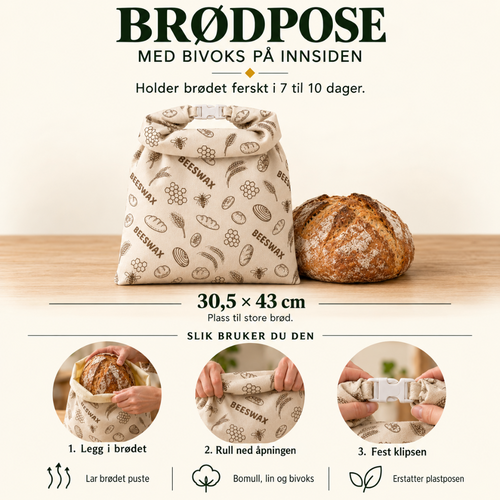 Fakta om brødposen: bivoks på innsiden, 30,5 × 43 cm, holder brødet ferskt i 7 til 10 dager.