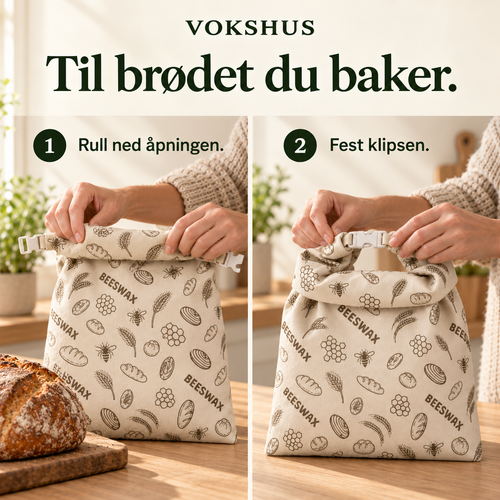 Slik lukker du brødposen: rull ned åpningen og fest den hvite klipsen. To trinn med samme pose.