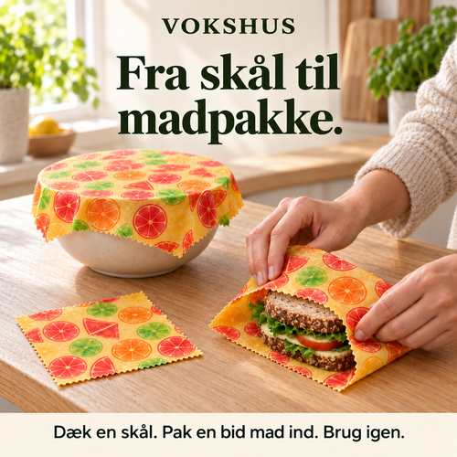 Eksempel på brug: ét sæt med tre citrusark. Vælg mønster ved køb. Billedet viser ikke hele pakken. Skål og mad er rekvisitter.