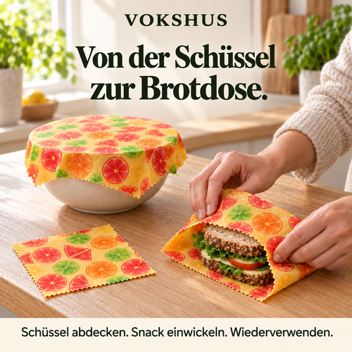 Anwendungsbeispiel: ein Set mit drei Zitrustüchern. Das Muster wählen Sie beim Kauf. Das Bild zeigt nicht das ganze Paket. Schüssel und Essen sind Requisiten.