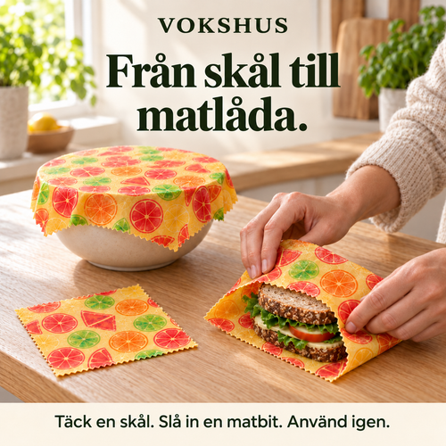 Användningsexempel: ett set med tre citrusdukar. Välj mönster vid köp. Bilden visar inte hela paketet. Skål och mat är rekvisita.