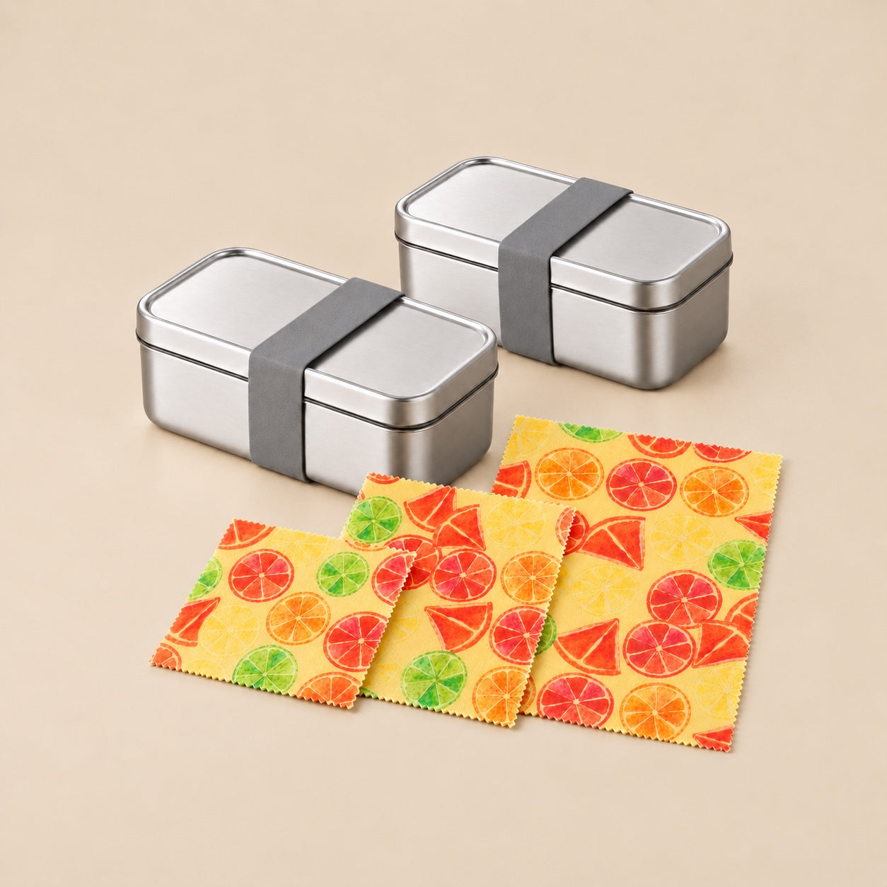 Twee lunchboxen met deksels en grijze banden naast drie Sitrus-doeken.