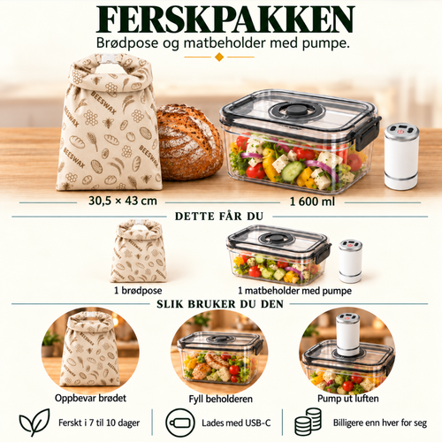 Ferskpakken: brødpose og matbeholder 1 600 ml med pumpe som lades med USB-C.