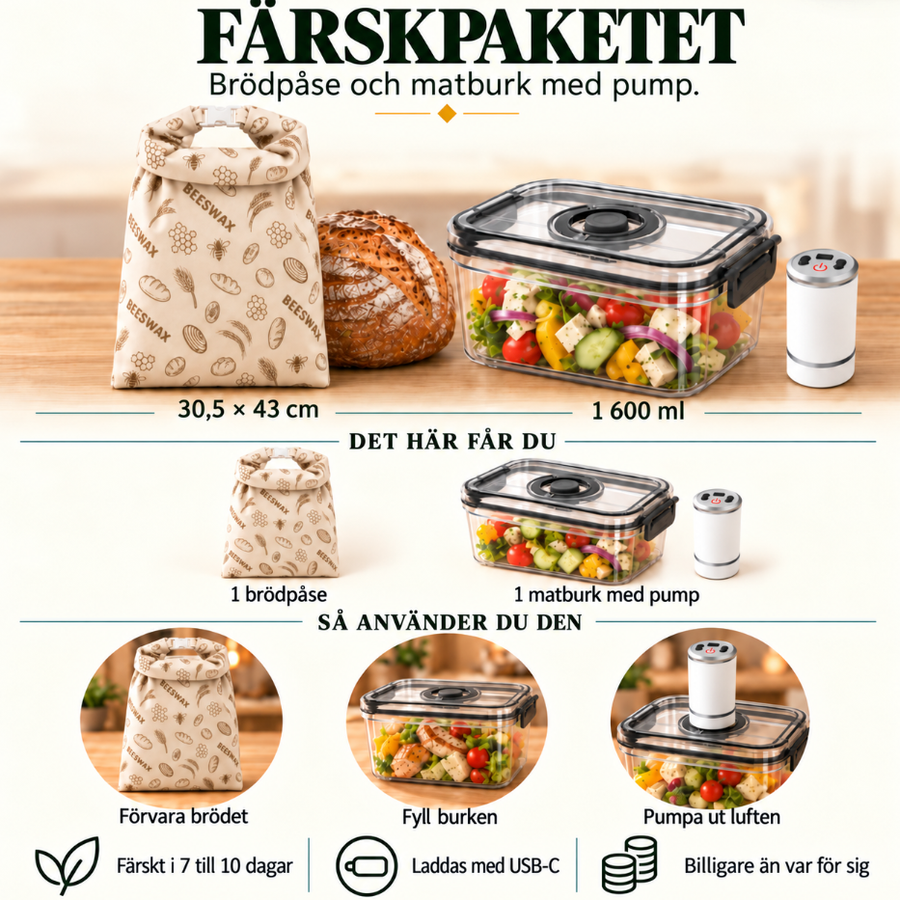 Matbeholder på 1 600 ml med hvit pumpe og Bivoks™ brødpose med klips.