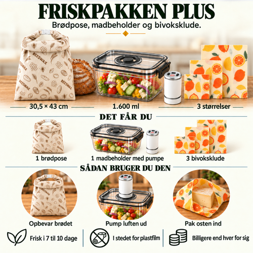 Friskpakken Plus: Brødpose, madbeholder og bivoksklude.
