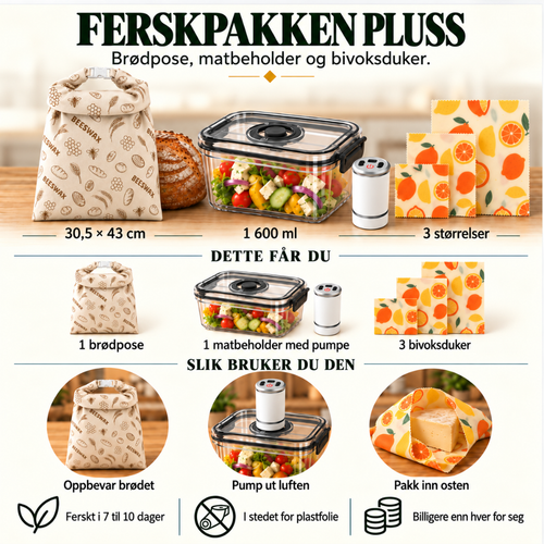 Ferskpakken Pluss: brødpose, matbeholder 1 600 ml med pumpe og 3 bivoksduker i Sitrus-mønster.