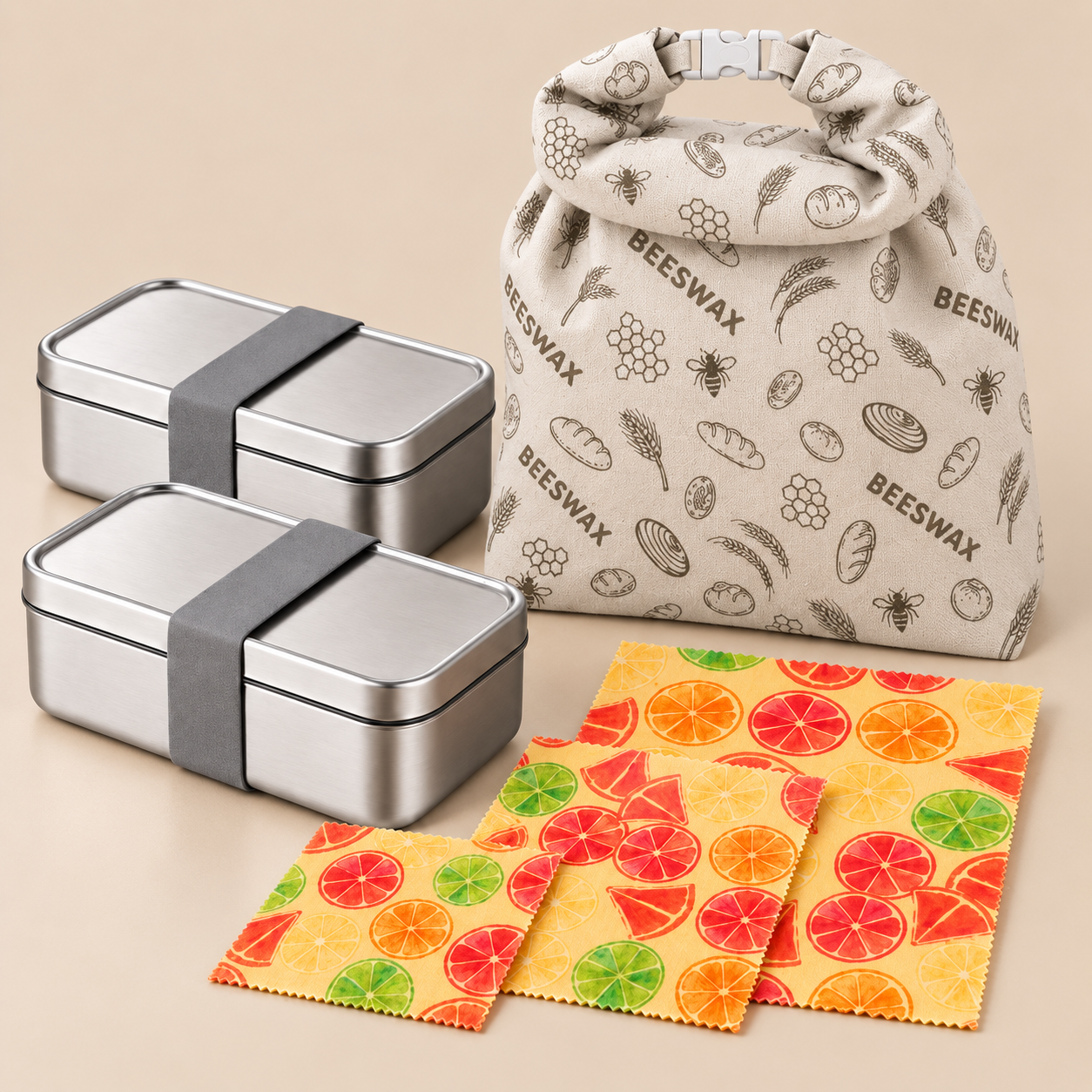Zwei Brotdosen mit Deckeln und grauen Bändern, ein BEESWAX Brotbeutel mit weißem Clip und drei Sitrus-Tücher.