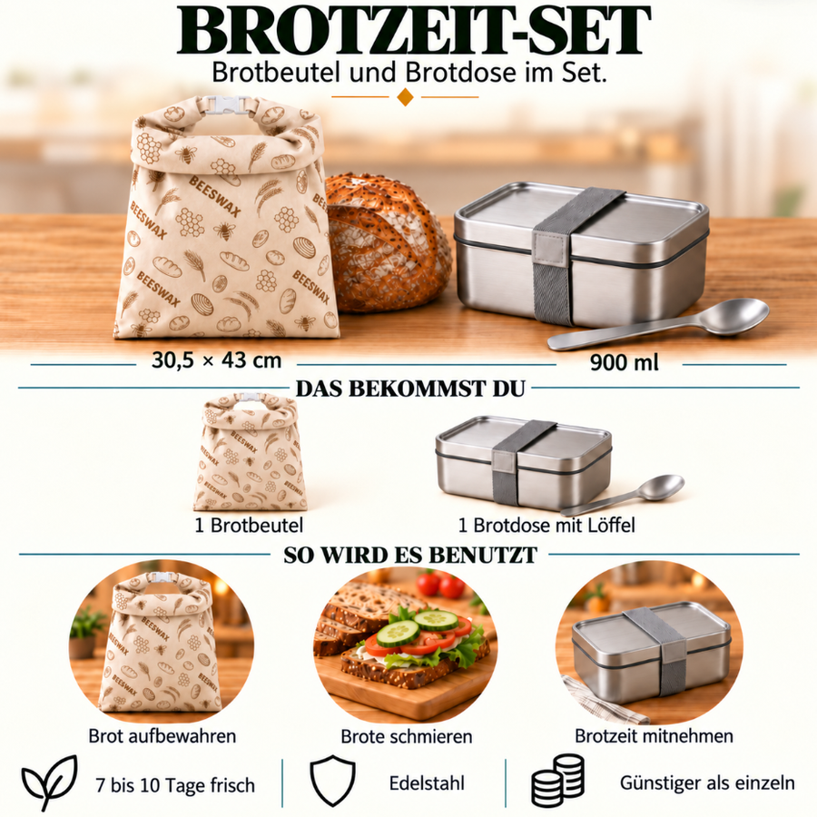 Pakken: 1 matboks i rustfritt stål og 1 Bivoks™ brødpose med klips.