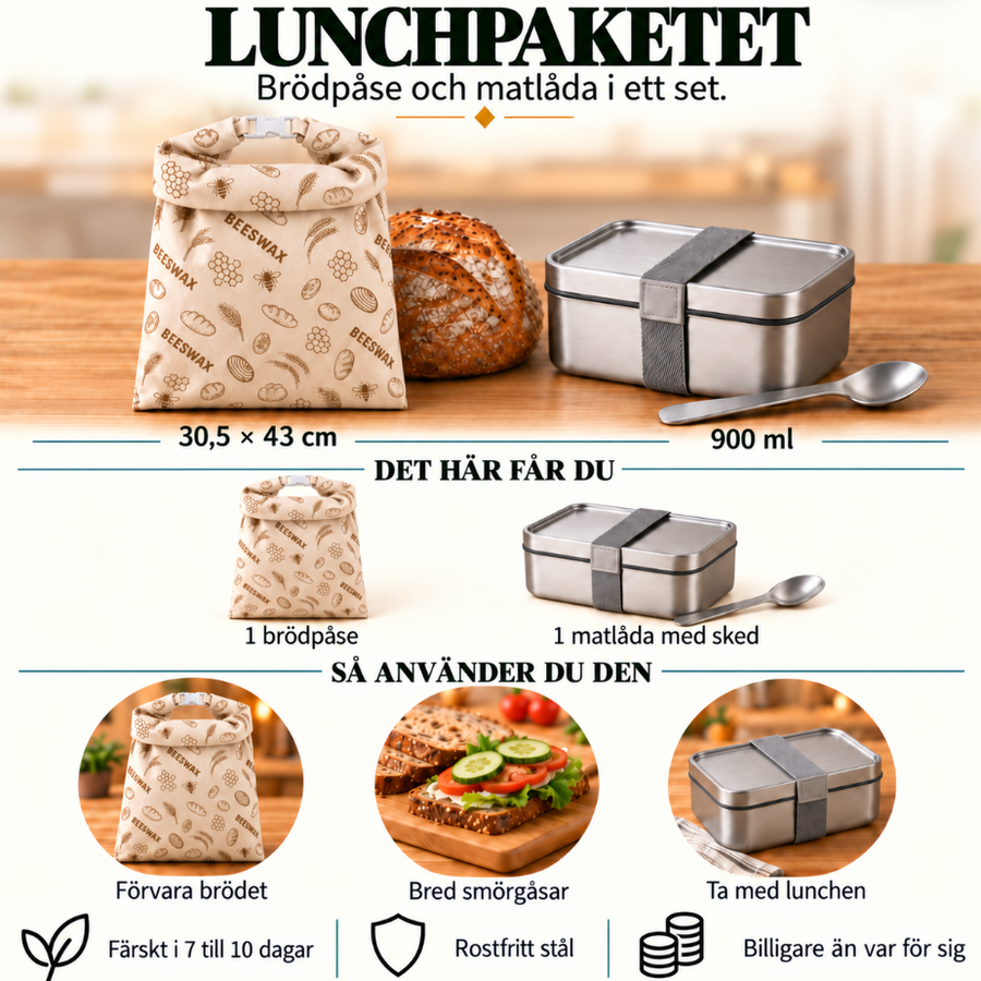 Pakken: 1 matboks i rustfritt stål og 1 Bivoks™ brødpose med klips.