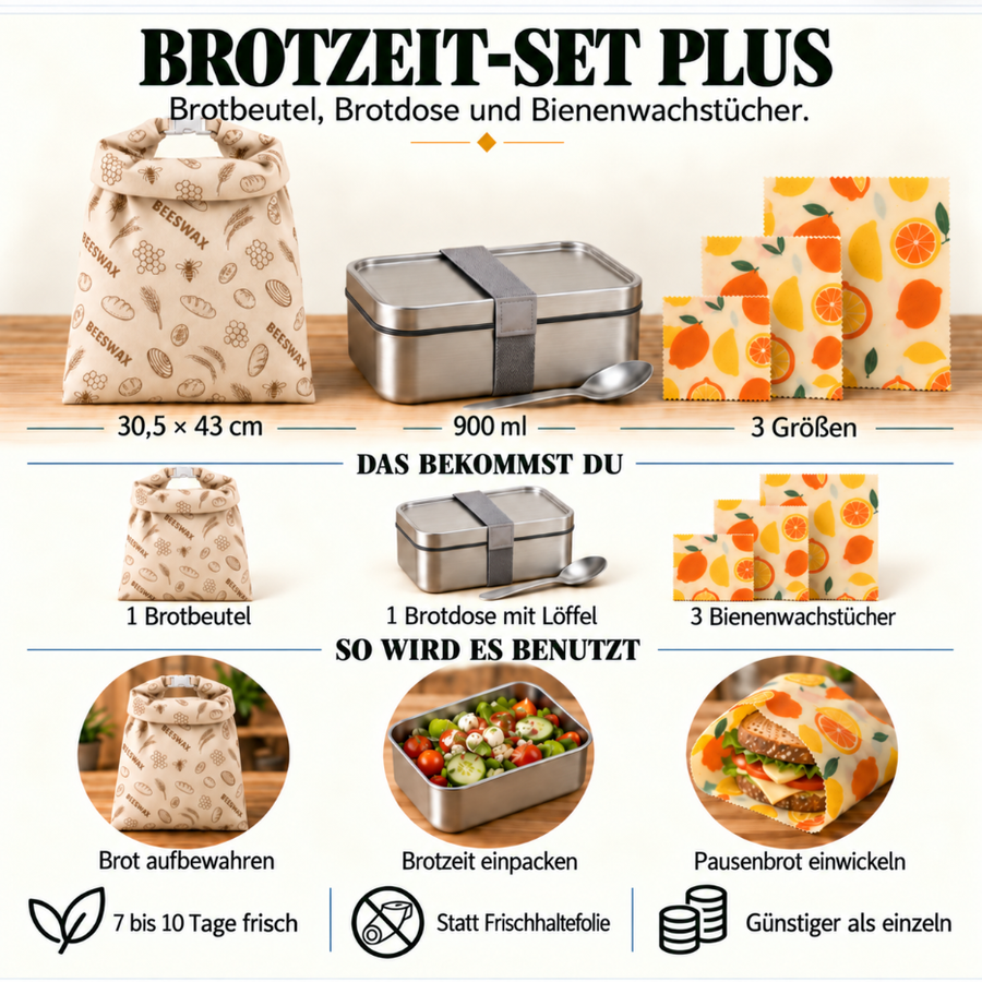 Matboks i rustfritt stål, Bivoks™ brødpose med klips og tre bivoksduker i Sitrus-mønster.